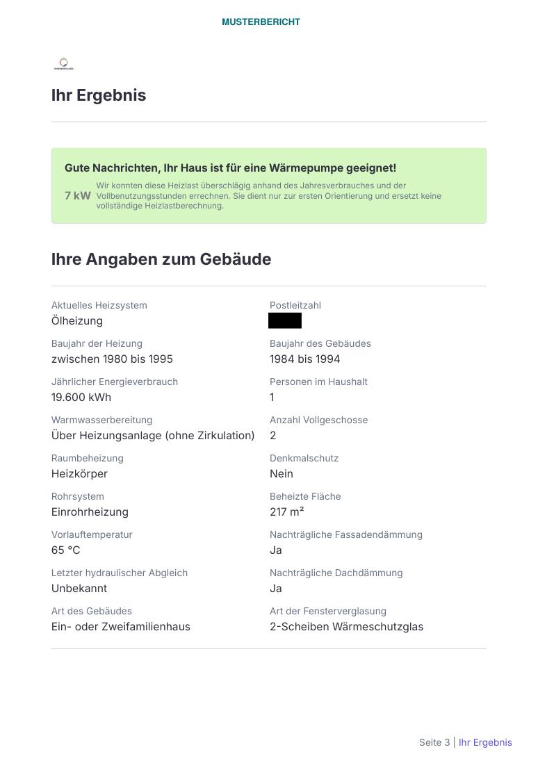 Auszug aus dem Musterbericht: Wärmepumpen-Check mit Ergebnis